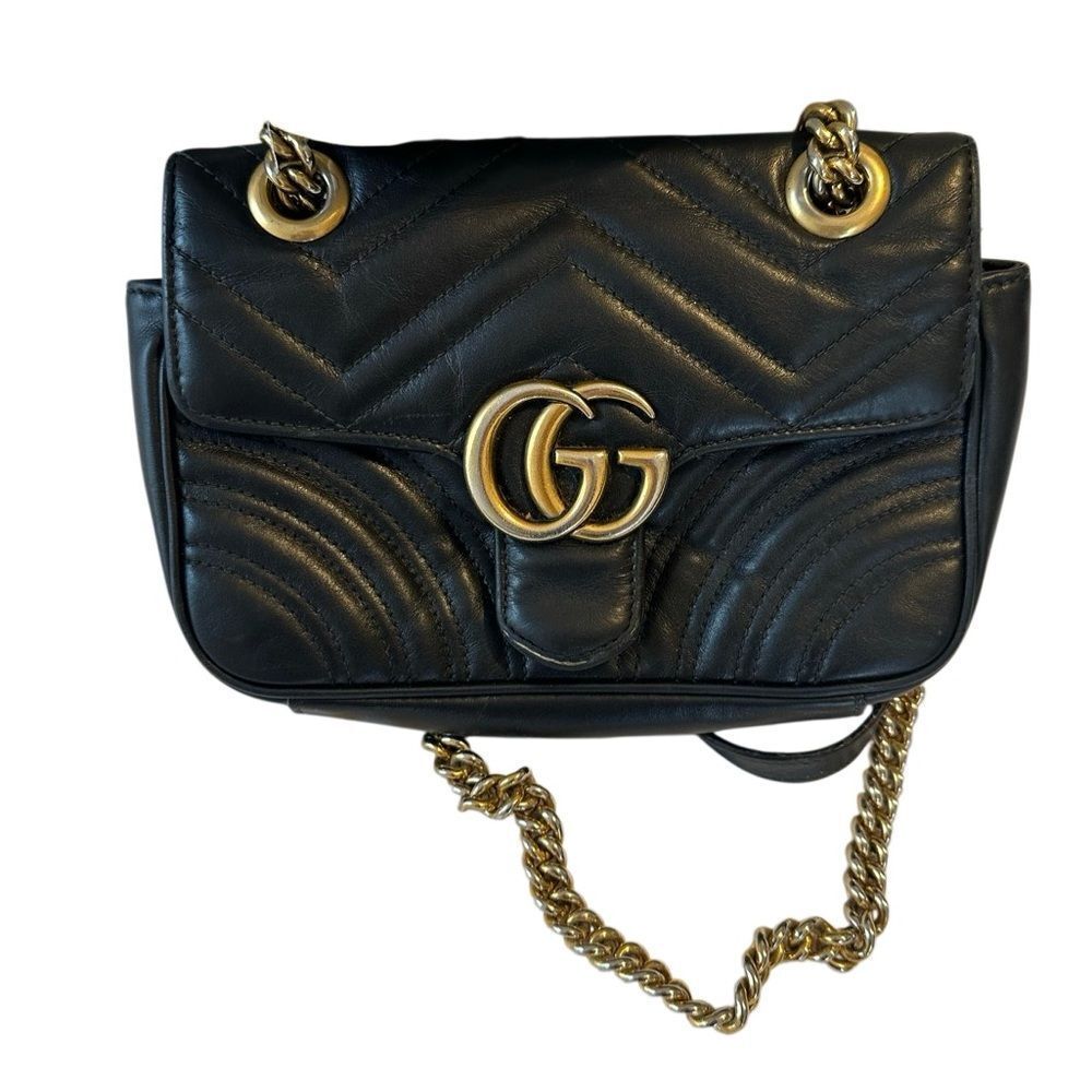 Gucci Black Chevron Marmont Bag with Gold Accents - Picture 6 of 15